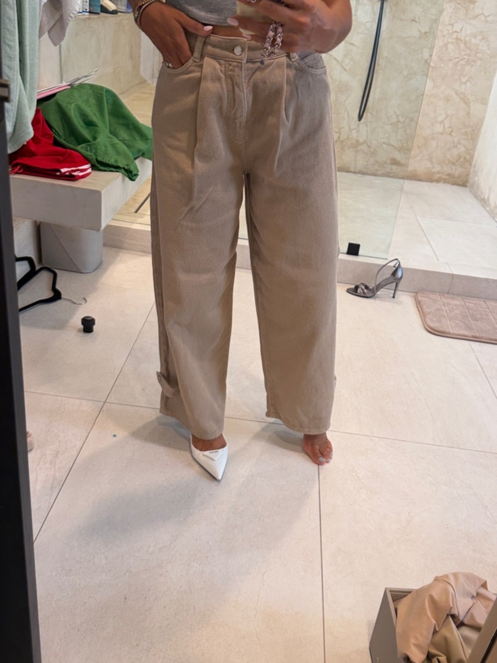 Emporio Armani Beige Wide-Leg Corduroy Cropped Pants - Picture 1 of 6